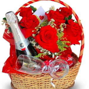CESTA DE VINHO COM ROSAS