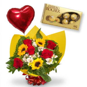BUQUÊ 5 ROSAS + 3 GIRASSÓIS + BALÃO DE CORAÇÃO + FERRERO ROCHER