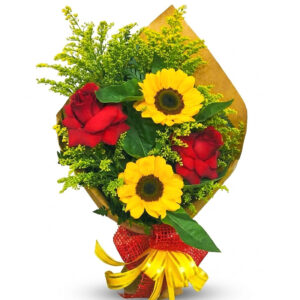 BUQUÊ DE 2 ROSAS + 2 GIRASSÓIS