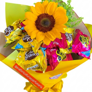 BUQUÊ 1 GIRASSOL + CHOCOLATES (Sonho de Valsa e Ouro branco)