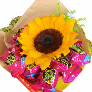 BUQUÊ 1 GIRASSOL + CHOCOLATES (Sonho de Valsa)