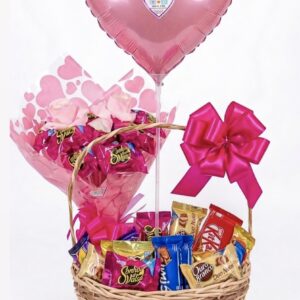 CESTA DE CHOCOLATE ROSA + BUQUÊ DE 2 ROSAS COR DE ROSA COM CHOCOLATE