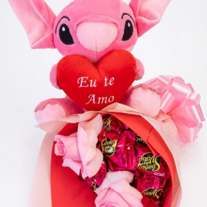 STITCH ROSA + BUQUÊ DE 2 ROSAS COM CHOCOLATE
