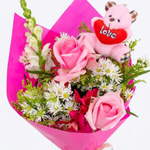 BUQUÊ DE 2 ROSAS COR DE ROSA COM URSINHO (Verifique a disponibilidade do urso)