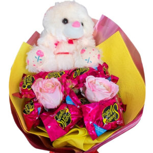 KIT BUQUÊ DE 2 ROSAS COR DE ROSA COM SONHO DE VALSA + URSO TAMANHO M