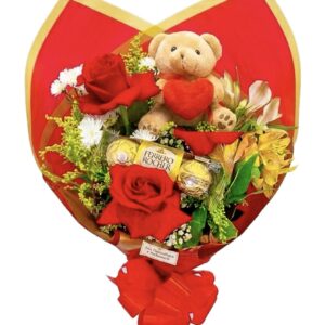 BUQUÊ DE 2 ROSAS COM URSINHO + 3 BOMBONS FERRERO (Verifique a disponibilidade do urso)