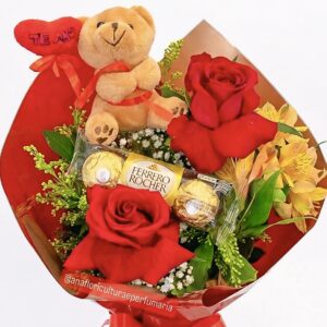 BUQUÊ DE 2 ROSAS COM URSINHO + 3 BOMBONS FERRERO (Verifique a disponibilidade do urso)