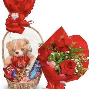 KIT CESTA DE CHOCOLATE COM URSO + BUQUÊ 3 ROSAS
