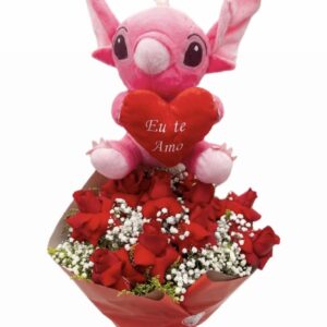 BUQUÊ DE 10 ROSAS VERMELHAS + STITCH ROSA DE CORAÇÃO MENOR