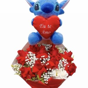BUQUÊ DE 10 ROSAS VERMELHAS + STITCH AZUL DE CORAÇÃO MENOR