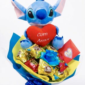 KIT STITCH + BUQUÊ DE 1 ROSA AZUL COM OURO BRANCO E SONHO DE VALSA