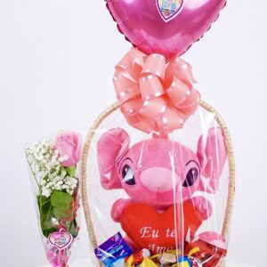 STITCH ROSA + CESTA DE CHOCOLATE ROSA + ROSA ARRUMADINHA
