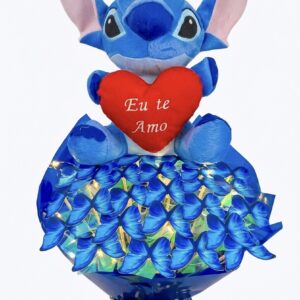 STITCH AZUL + BUQUÊ DE 20 BORBOLETAS AZUL
