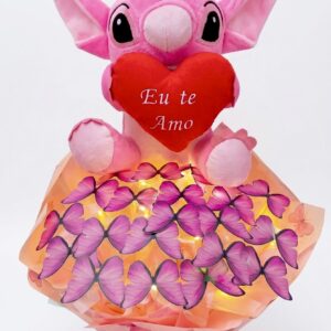 KIT STITCH ROSA + BUQUÊ DE 20 BORBOLETAS COR DE ROSA