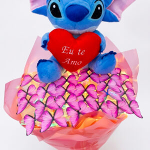 STITCH AZUL + BUQUÊ DE 20 BORBOLETAS COR DE ROSA