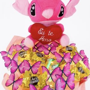 STITCH MENOR ROSA + BUQUÊ DE 20 BORBOLETAS COR DE ROSA COM CHOCOLATES